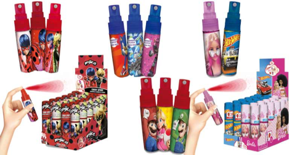 Spray de caramelo Barbie + Hot Wheels, Lady Bug, Mario Bros y Sonic, de Dolci Preziosi