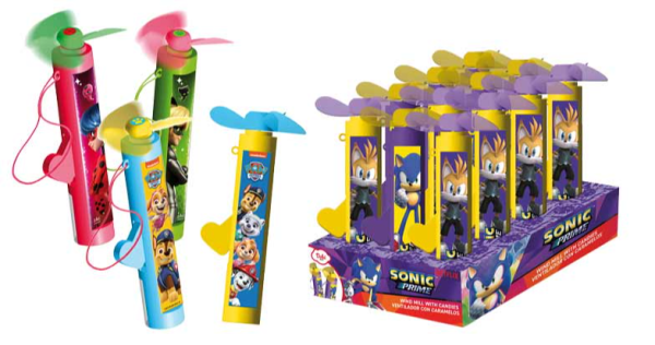Ventilador manual con caramelos Barbie + Hot Wheels, Lady Bug, Patrulla Canina y Sonic, de Dolci Preziosi